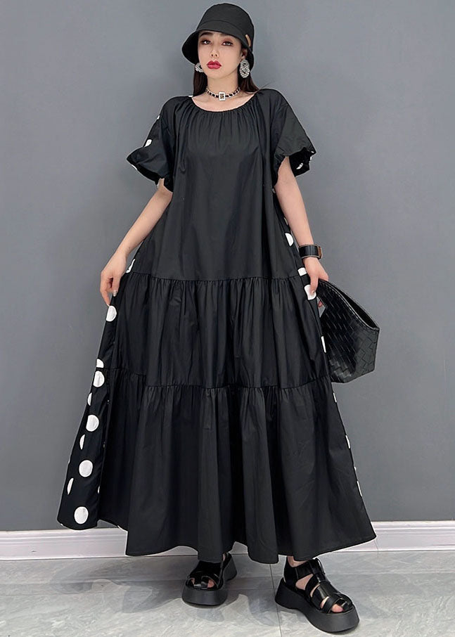 Loose Black O-neck Wrinkled Wear on Both Sides Cotton Long Dress Short Sleeve