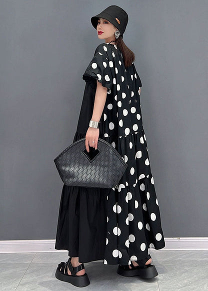 Loose Black O-neck Wrinkled Wear on Both Sides Cotton Long Dress Short Sleeve