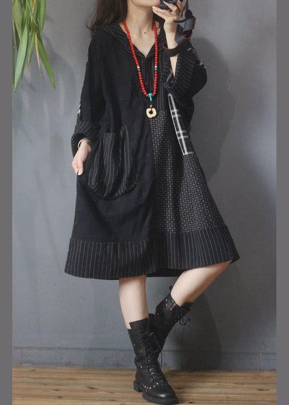 Loose Black Patchwork Cotton Dress Hooded Cotton Linen Summer Mid Dress