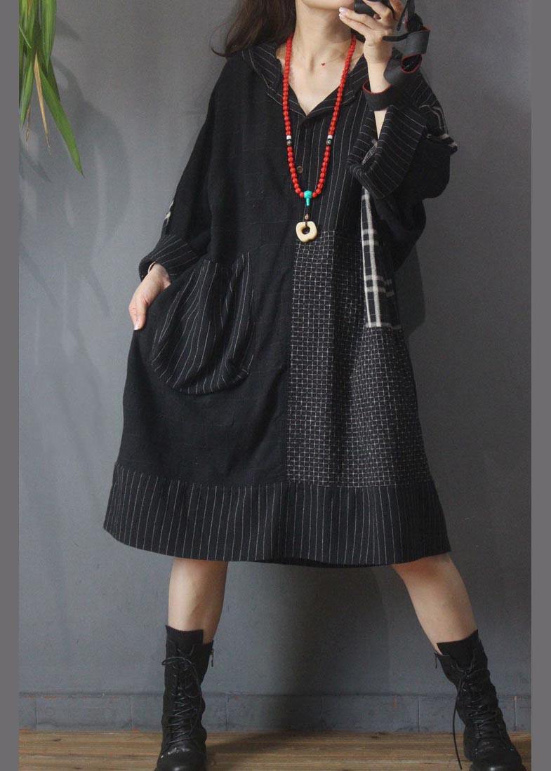 Loose Black Patchwork Cotton Dress Hooded Cotton Linen Summer Mid Dress