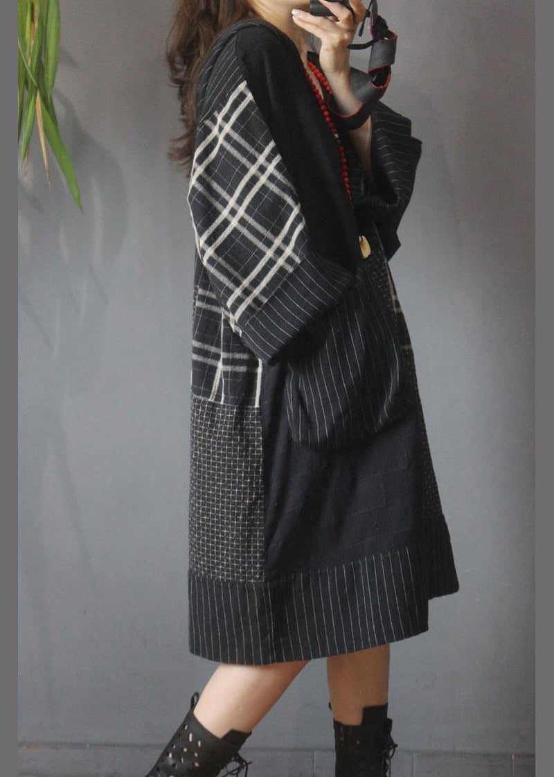 Loose Black Patchwork Cotton Dress Hooded Cotton Linen Summer Mid Dress