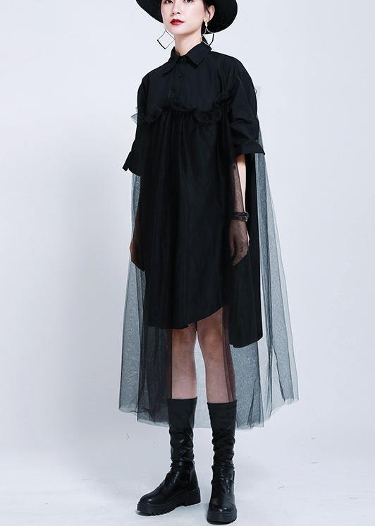 Loose Black Patchwork Lace Shirts Summer Cotton Dress