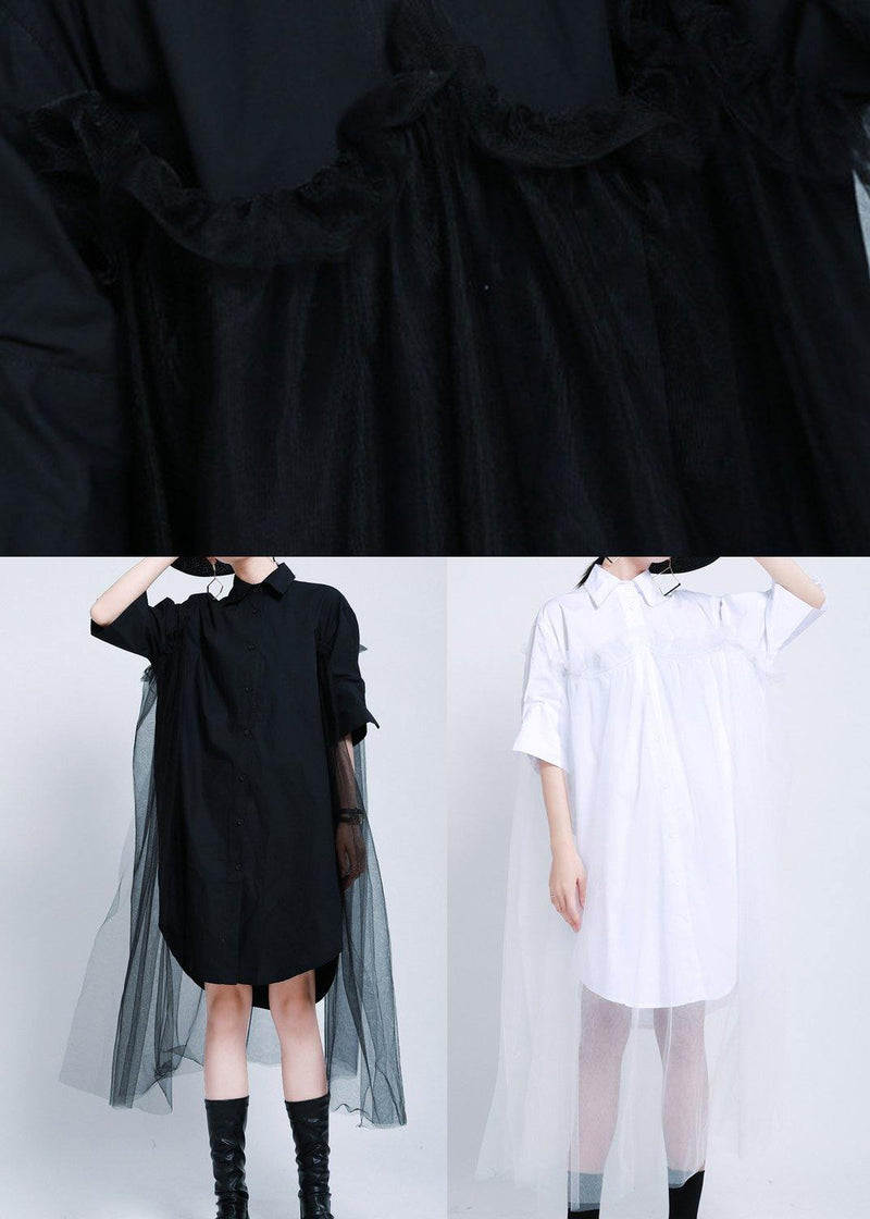 Loose Black Patchwork Lace Shirts Summer Cotton Dress