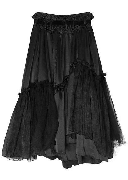 Loose Black Patchworkruffled Asymmetrical Design Skirts