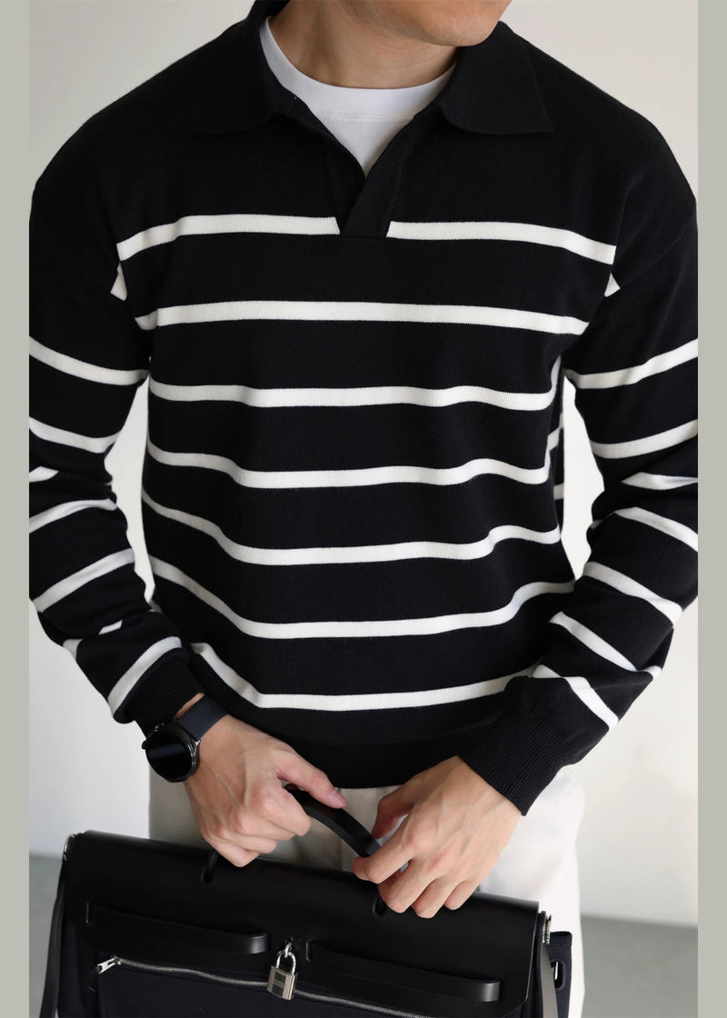 Loose Black Peter Pan Collar Striped Knit Sweater Spring