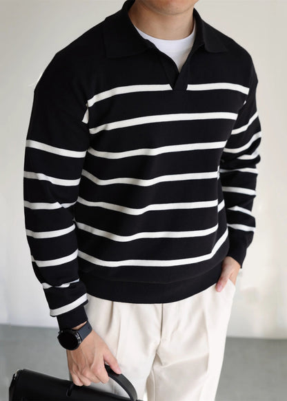 Loose Black Peter Pan Collar Striped Knit Sweater Spring