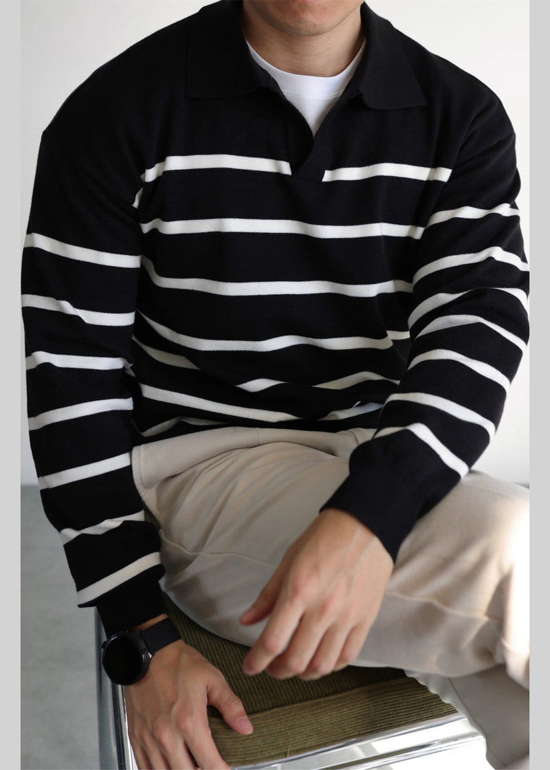 Loose Black Peter Pan Collar Striped Knit Sweater Spring