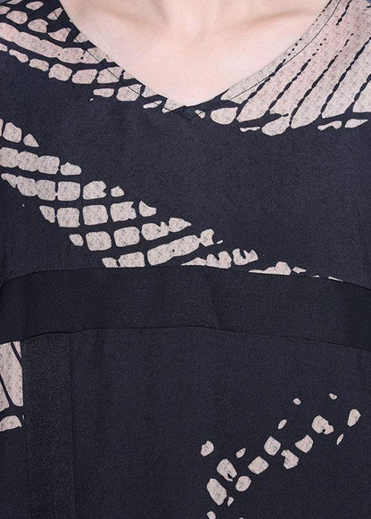 Loose Black Print O-neck Batwing Sleeve Silk Dresses Summer