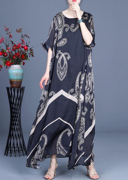 Loose Black Print Short Sleeve Silk Ankle Dress Summer