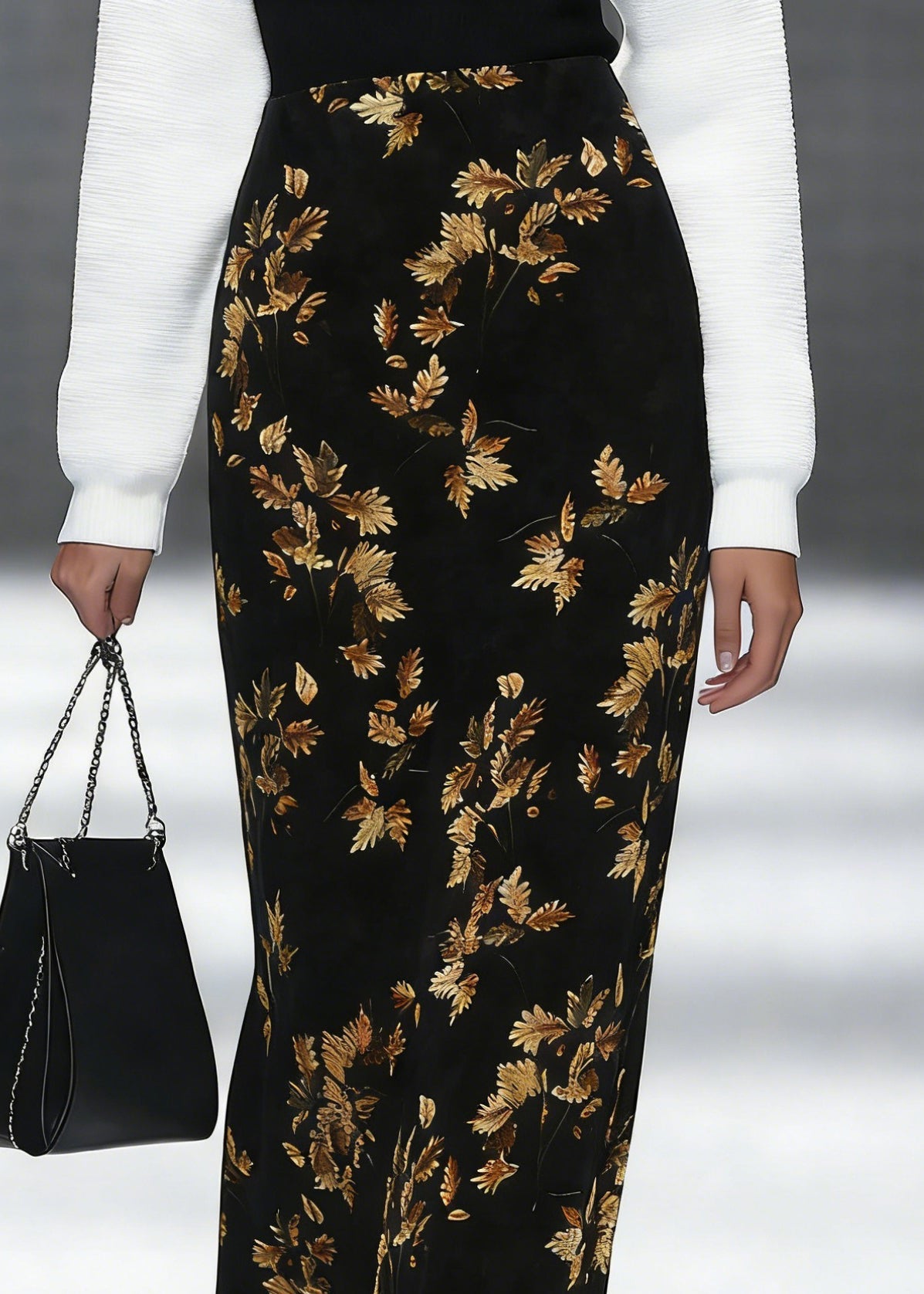 Loose Black Print Side Open Silk Velvet Skirt Spring