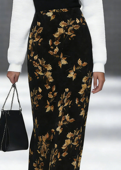 Loose Black Print Side Open Silk Velvet Skirt Spring