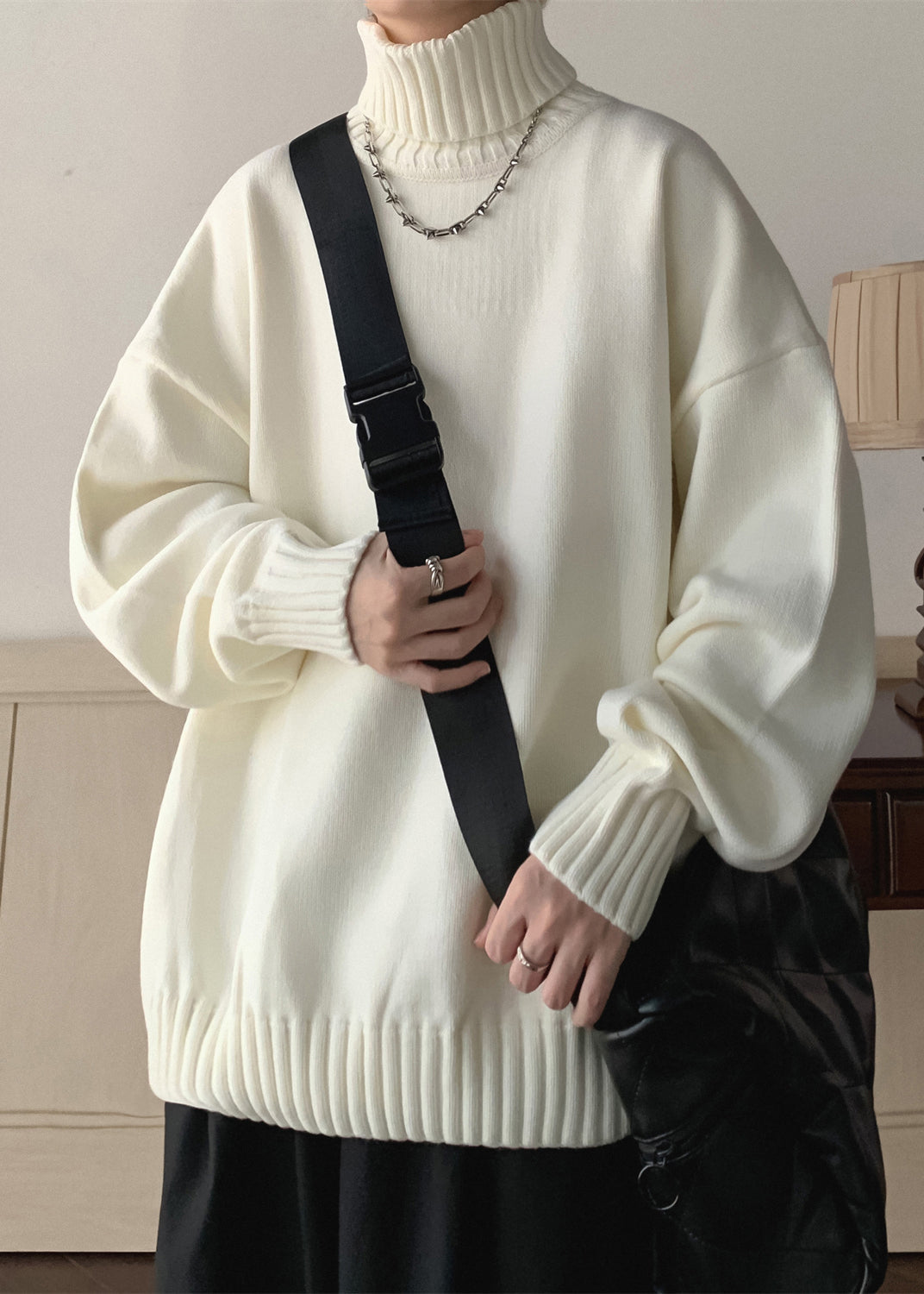 Loose Black Thick Knit Sweaters Turtleneck Winter