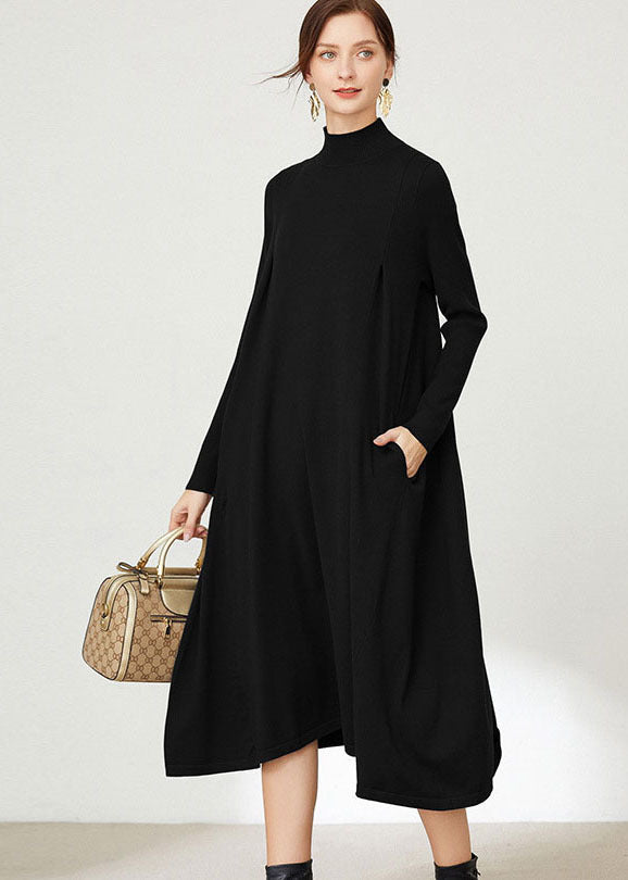 Loose Black Turtle Neck Color Exra Large Hem Knitwear Dress Long Sleeve