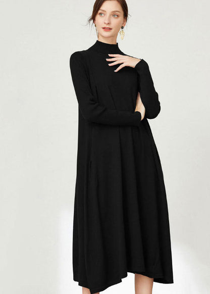 Loose Black Turtle Neck Color Exra Large Hem Knitwear Dress Long Sleeve