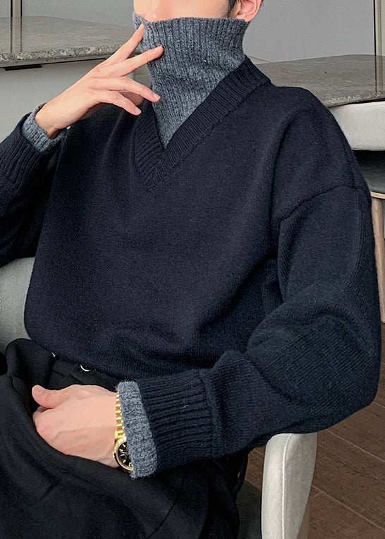 Loose Black Turtleneck Cozy Patchwork Knit Sweater Spring