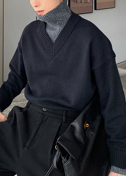 Loose Black Turtleneck Cozy Patchwork Knit Sweater Spring