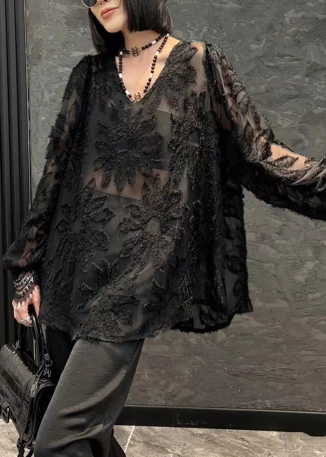 Loose Black V Neck Chiffon Shirt Long Sleeve