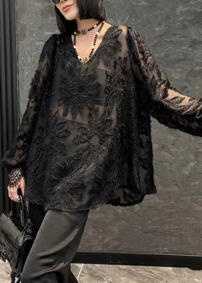 Loose Black V Neck Chiffon Shirt Long Sleeve