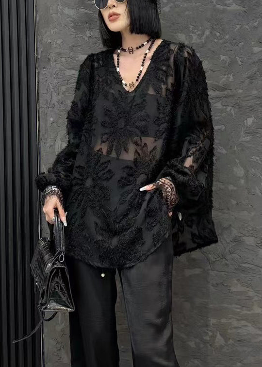 Loose Black V Neck Chiffon Shirt Long Sleeve