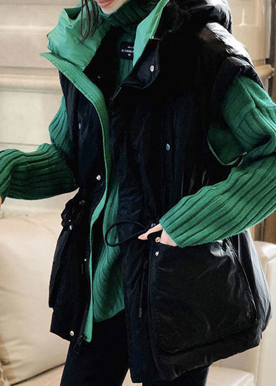 Loose Black Waistcoat and Green Sweaters Cotton Filled Two Pieces Set Sleeveless