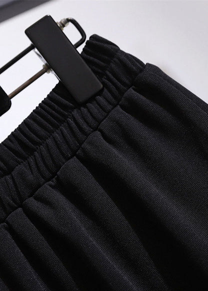 Loose Black Wrinkled Front Open Patchwork Cotton a Iine Skirts Fall