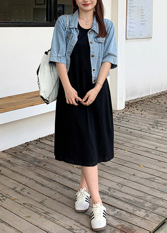 Loose Blue Button Denim Coat and Black Dress Two Piece Suit Fall