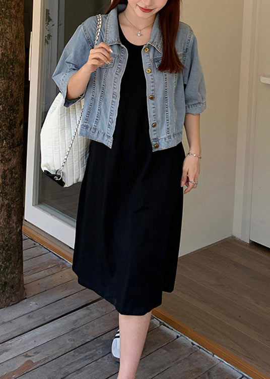 Loose Blue Button Denim Coat and Black Dress Two Piece Suit Fall