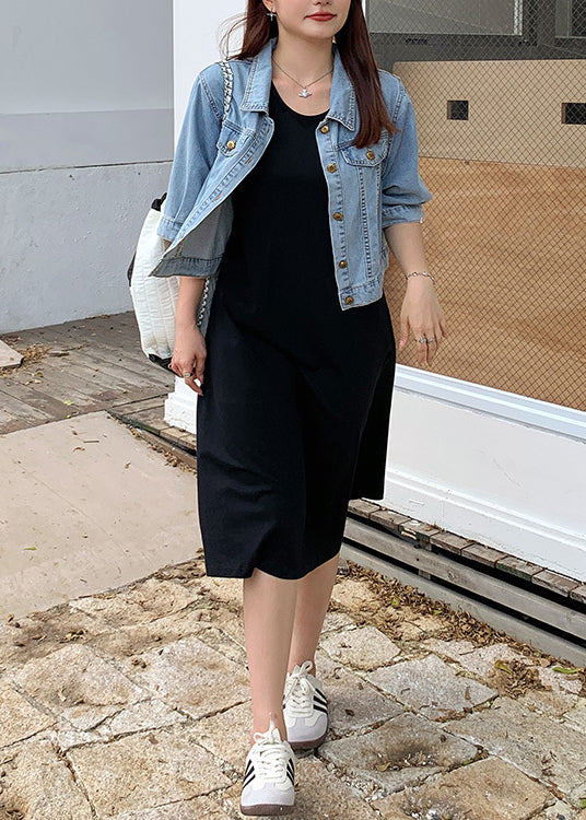 Loose Blue Button Denim Coat and Black Dress Two Piece Suit Fall