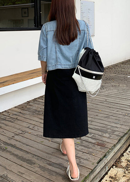 Loose Blue Button Denim Coat and Black Dress Two Piece Suit Fall