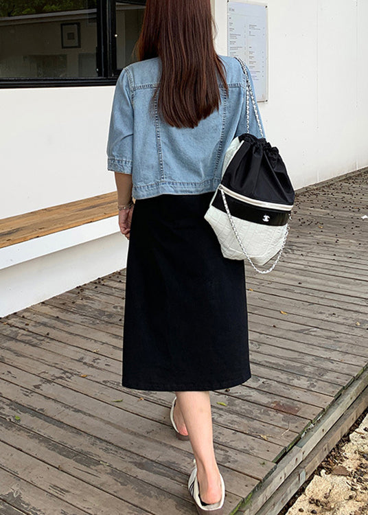 Loose Blue Button Denim Coat and Black Dress Two Piece Suit Fall