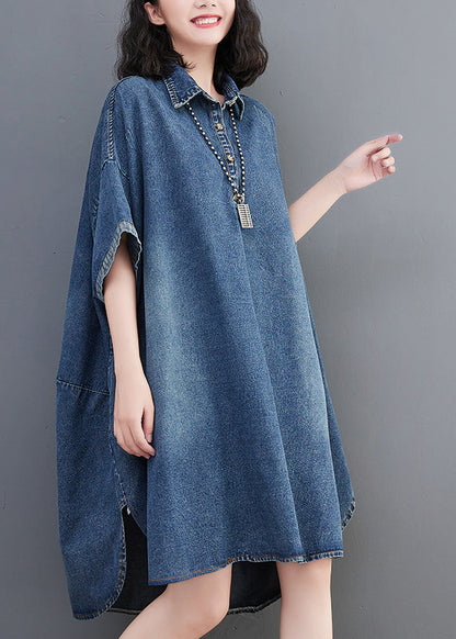 Loose Blue-little Flower Button Side Open Maxi Denim Dress Summer
