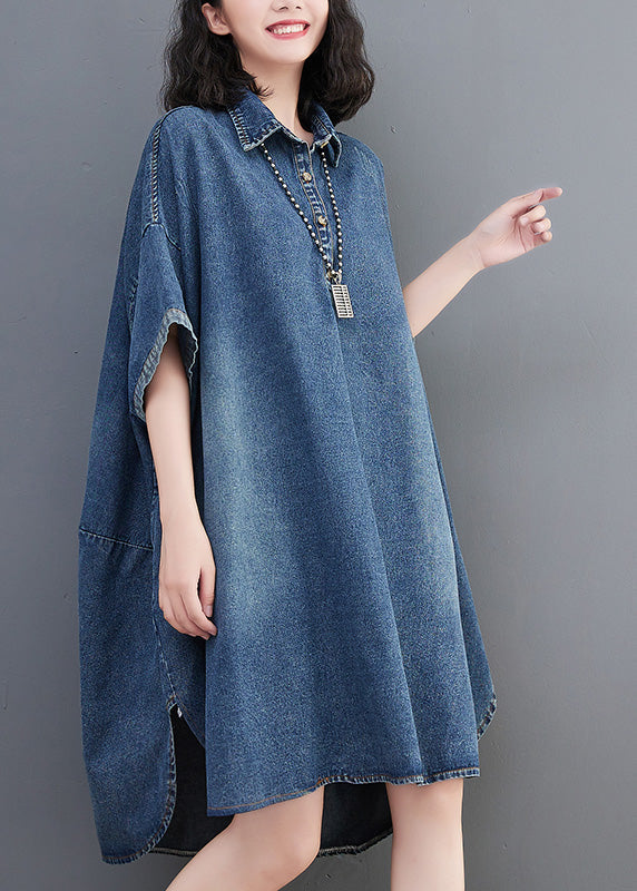 Loose Blue-little Flower Button Side Open Maxi Denim Dress Summer