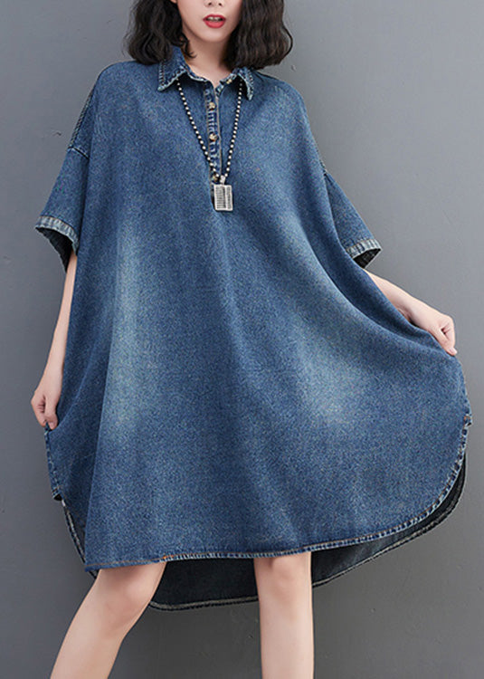 Loose Blue-little Flower Button Side Open Maxi Denim Dress Summer