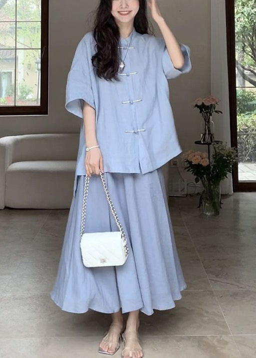 Loose Blue Button Cotton Two Pieces Set Half Sleeve