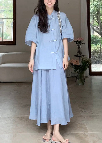 Loose Blue Button Cotton Two Pieces Set Half Sleeve