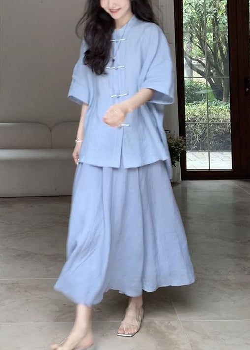 Loose Blue Button Cotton Two Pieces Set Half Sleeve