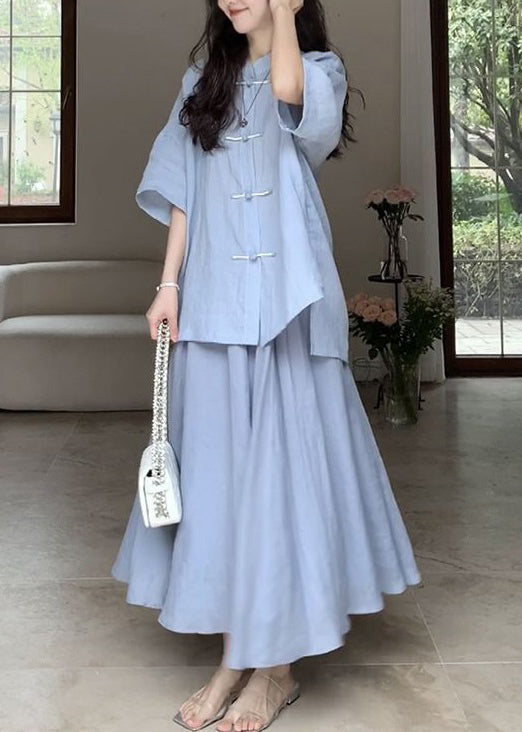 Loose Blue Button Cotton Two Pieces Set Half Sleeve