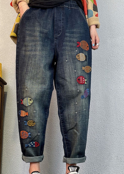 Loose Blue Embroideried Denim Spring Harem Pants