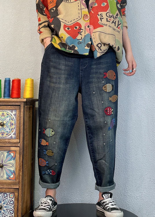 Loose Blue Embroideried Denim Spring Harem Pants