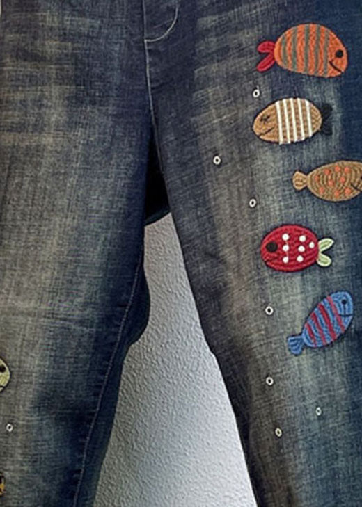 Loose Blue Embroideried Denim Spring Harem Pants
