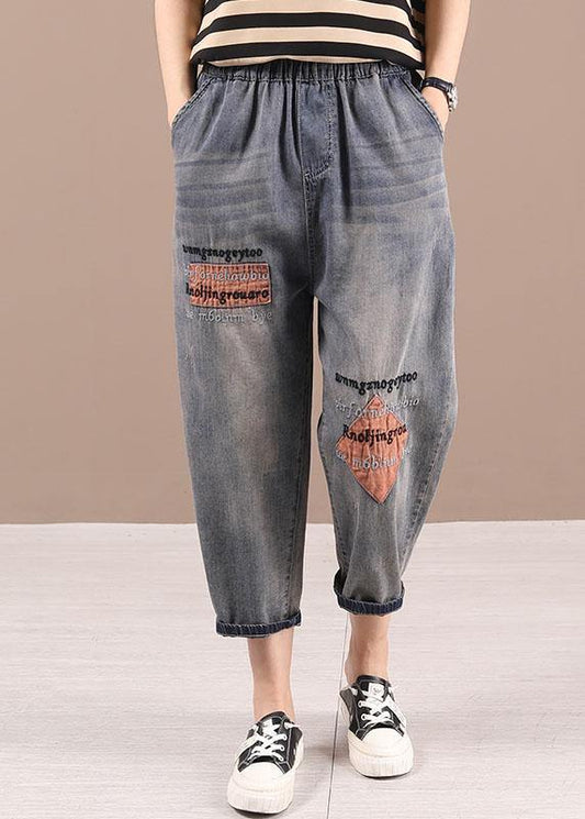 Loose Blue Grey Patchwork Embroideried Pants Denim