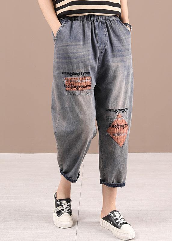 Loose Blue Grey Patchwork Embroideried Pants Denim