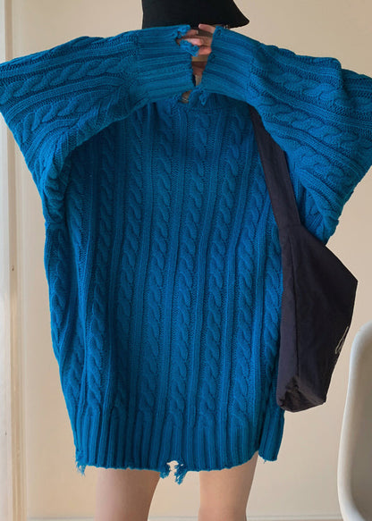 Loose Blue Hole Cable Knit Sweaters Spring