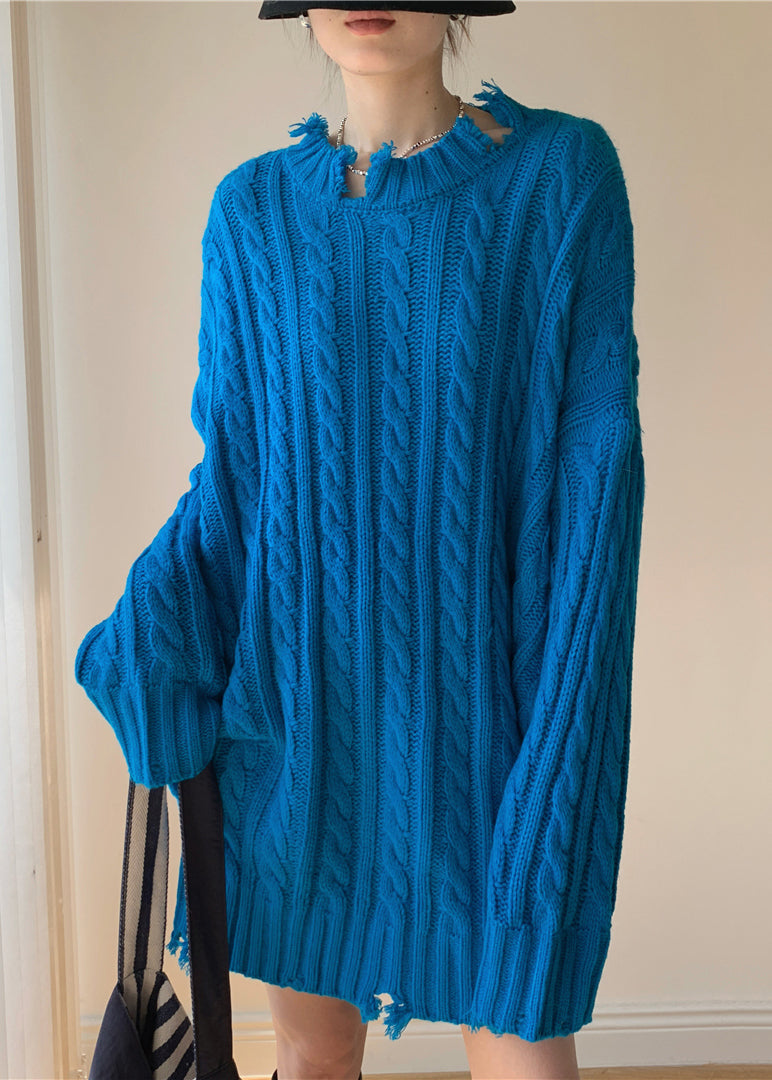 Loose Blue Hole Cable Knit Sweaters Spring