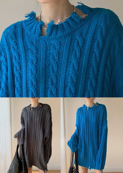 Loose Blue Hole Cable Knit Sweaters Spring