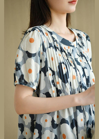 Loose Blue O-neck Button Print Summer Cotton Dresses Short Sleeve