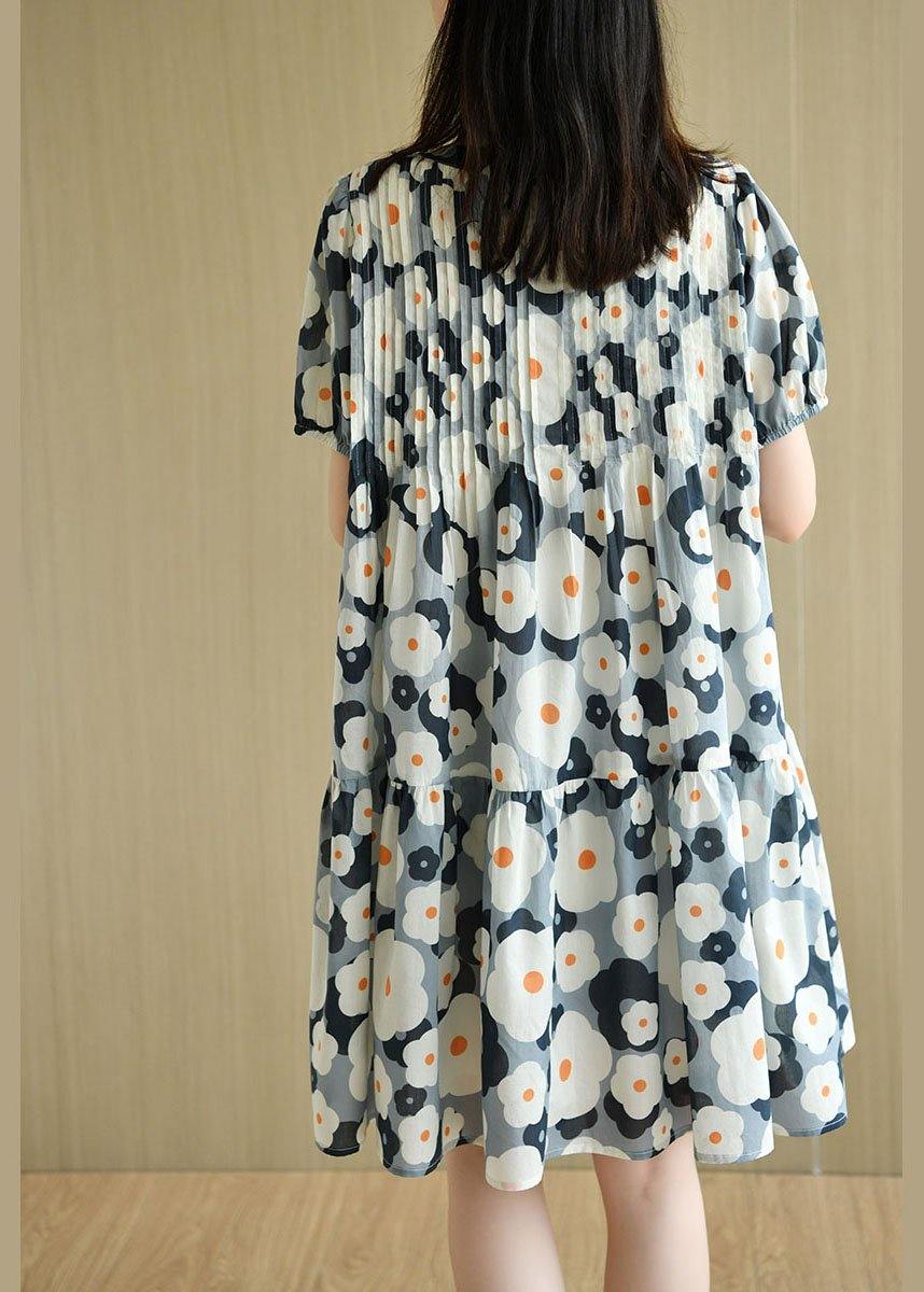 Loose Blue O-neck Button Print Summer Cotton Dresses Short Sleeve