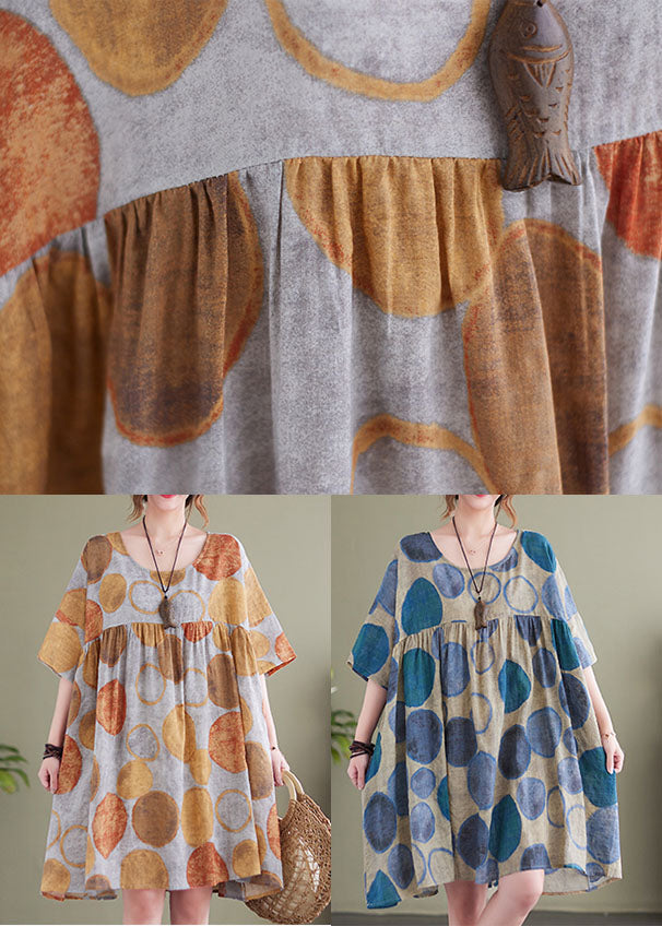 Loose Blue O-neck Patchwork Cotton Holiday Dress Short Sleeve