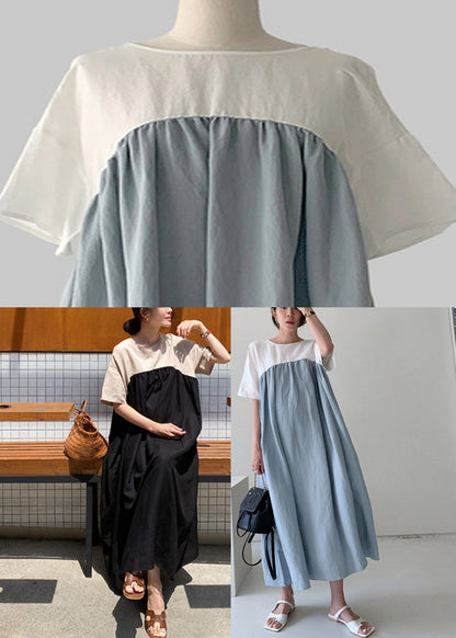 Loose Blue O-neck Patchwork Maxi Dresses Summer