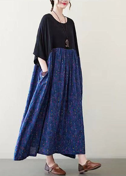 Loose Blue O-neck Print Long Dress Short Sleeve